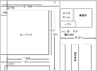 福岡スタジオの建屋の配置図（スタジオ・メイクルーム・事務所・リフト・機材倉庫とハンガードアの位置）